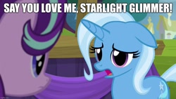 Size: 1280x720 | Tagged: safe, derpibooru import, edit, edited screencap, screencap, starlight glimmer, trixie, pony, unicorn, no second prances, caption, female, image macro, lesbian, mare, shipping, startrix, text