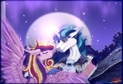 Size: 3500x2400 | Tagged: safe, artist:martazap3, derpibooru import, princess cadance, shining armor, alicorn, pony, unicorn, dancing, female, garden, glowing, glowing horn, horn, love, male, mare, moon, shiningcadance, shipping, straight, wings