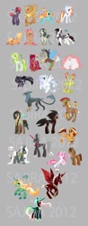 Size: 559x1430 | Tagged: dead source, safe, derpibooru import, discord, alicorn, bat pony, dragon, griffon, pegasus, snake, unicorn, zebra, 2012, armor, bracelet, cutie mark, ear piercing, earring, glowing, glowing eyes, glowing mane, hat, helmet, jewelry, kitsune, necklace, piercing, scar, skull, watermark