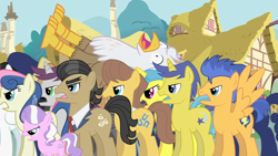 Size: 1280x720 | Tagged: safe, artist:mlp-silver-quill, derpibooru import, bon bon, caramel, comet tail, diamond tiara, filthy rich, flash sentry, lemon hearts, mercury, starry eyes (character), sweetie drops, written script, oc, oc:silver quill, after the fact, after the fact:the lost treasure of griffonstone, angry, jewelry, mob, necktie, ponyville, terrified, tiara