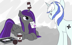 Size: 3286x2065 | Tagged: safe, artist:etheria galaxia, derpibooru import, oc, oc only, oc:etheria galaxia, oc:scratch wub, alicorn, pony, unicorn, alicorn oc, chest fluff, coffee, coffee cup, colored, cup, curved horn, cute, ear fluff, ears, female, glasses, heart, horn, lying, male, mare, mouth hold, note, prone, simple background, sketch, stallion, unamused, unicorn oc, weapons-grade cute, wings