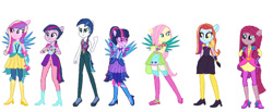 Size: 1024x421 | Tagged: safe, artist:diana173076, derpibooru import, applejack, fluttershy, pinkie pie, princess cadance, rainbow dash, rarity, sassy saddles, sci-twi, shining armor, sunset shimmer, twilight sparkle, equestria girls, legend of everfree, alternate universe, boots, clothes, clothes swap, crystal guardian, crystal wings, high heel boots, humane five, humane seven, humane six, ponied up, shoes, simple background, solo, super ponied up, white background, wings