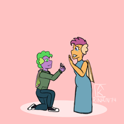 Size: 2048x2048 | Tagged: safe, artist:mintymelody, derpibooru import, scootaloo, spike, anthro, dragon, converse, dragonified, female, male, marriage proposal, pregnant, requested art, scootadragon, scootaspike, shipping, shoes, species swap, straight