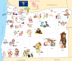 Size: 4896x4134 | Tagged: safe, artist:twiface, derpibooru import, fluttershy, maud pie, petunia paleo, starlight glimmer, beaver, bird, duck, fluttertree, kite, map, oregon, ponies as regions