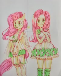 Size: 1029x1280 | Tagged: source needed, safe, artist:zzugguri, derpibooru import, fluttershy, anthro, equestria girls, clothes, female, human anthrodox, self paradox, self ponidox, smiling, traditional art