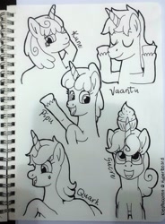 Size: 2242x3054 | Tagged: safe, artist:melisareb, derpibooru import, pony, unicorn, barely pony related, cupcake, female, food, group, kleptocorns, kune (kleptocorns), lineart, looking at you, looking up, male, mare, monochrome, open mouth, pipu, quark (kleptocorns), raised hoof, raised leg, stallion, sucre (kleptocorns), traditional art, vaantu