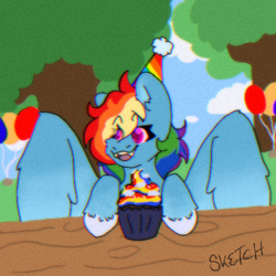 Size: 500x500 | Tagged: safe, artist:hunter-shadowcloak, derpibooru import, rainbow dash, pegasus, pony, balloon, cloud, cupcake, female, film grain, food, hat, mare, open mouth, party hat, rainbow cupcake, sky, solo, table, tree, wings