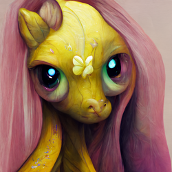 Size: 1536x1536 | Tagged: safe, artist:hazy skies, derpibooru import, generator:midjourney, machine learning generated, fluttershy, pegasus, pony, big eyes, cursed, deformed, eye bulging, flower, full face view, looking at you, machine learning abomination, neural network, nightmare fuel, solo, stare, stare into your soul