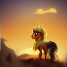 Size: 230x230 | Tagged: safe, artist:hazy skies, derpibooru import, generator:midjourney, machine learning generated, applejack, pony, australia, looking at you, neural network, orange background, outback, simple background, solo