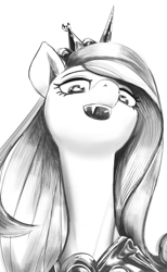 Size: 2161x3504 | Tagged: safe, artist:applephil, derpibooru import, princess cadance, queen chrysalis, alicorn, pony, black and white, disguise, disguised changeling, fake cadance, fangs, female, grayscale, looking at you, looking down, looking down at you, low angle, mare, monochrome, simple background, solo, white background
