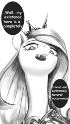 Size: 2161x3840 | Tagged: safe, artist:applephil, derpibooru import, princess cadance, queen chrysalis, alicorn, pony, black and white, disguise, disguised changeling, fake cadance, fangs, female, grayscale, looking at you, looking down, looking down at you, low angle, mare, monochrome, ponified, simple background, solo, speech bubble, talking to viewer, white background