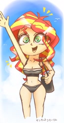 Size: 1080x2076 | Tagged: safe, artist:phoenixrk49, derpibooru import, sunset shimmer, equestria girls, bag, bare shoulders, bikini, clothes, emanata, eye clipping through hair, female, open mouth, open smile, simple background, sleeveless, smiling, solo, swimsuit, white background