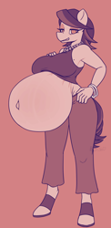 Size: 1267x2596 | Tagged: safe, artist:bumpywish, derpibooru import, spoiled rich, anthro, earth pony, unguligrade anthro, bedroom eyes, belly button, breasts, clothes, commission, digital art, female, hand on hip, hyper, hyper belly, hyper pregnancy, impossibly large belly, jewelry, looking at you, milf, monochrome, necklace, outie belly button, pants, pregnant, sandals, shirt, simple background, solo, stacked rich, thighs