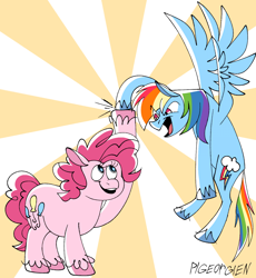 Size: 1300x1416 | Tagged: safe, artist:pigeorgien, derpibooru import, pinkie pie, rainbow dash, earth pony, pegasus, pony, chubby, duo, duo female, female, flying, hoofbump, mare, open mouth, smiling
