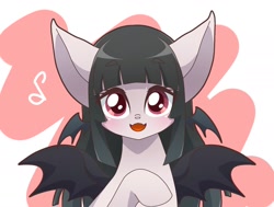 Size: 2006x1515 | Tagged: safe, artist:namaenonaipony, derpibooru import, bat pony, pony, bat wings, female, kemono friends, long-legged whiskered bat, looking at you, mare, music notes, open mouth, ponified, simple background, solo, spread wings, white background, wings