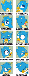 Size: 1026x2696 | Tagged: safe, artist:nauyaco, derpibooru import, gallus, griffon, angry, expressions, laughing, male, sleeping, smiling, solo