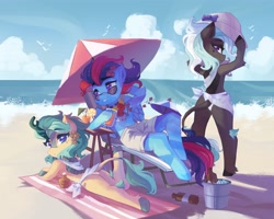 Size: 4096x3284 | Tagged: safe, artist:saxopi, derpibooru import, oc, oc only, oc:andrew swiftwing, oc:jinx, oc:misty, bird, kirin, pegasus, pony, seagull, semi-anthro, alcohol, alternate universe, arm behind head, beach, beach chair, beach towel, beach umbrella, bipedal, blue eyes, bottle, bow, bucket, cheek fluff, chest fluff, clothes, cloud, cocktail, cocktail umbrella, colored horn, colored pupils, commission, cute, drink, drinking straw, eyebrows, eyebrows visible through hair, eyelashes, female, flower, flower in hair, forked horn, glass, hat, heart, high res, hock fluff, horn, ice, ice cube, kirin oc, looking at you, looking back, looking back at you, male, mare, ocbetes, ocean, panties, parasol (umbrella), pegasus oc, purple eyes, sand, scales, skirt, smiling, smiling at you, stallion, standing, sun hat, sunglasses, sunscreen, swimming trunks, swimsuit, tail, underwear, unshorn fetlocks, wall of tags, water, wings