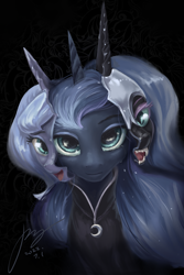 Size: 2858x4287 | Tagged: safe, artist:musical ray, derpibooru import, nightmare moon, princess luna, alicorn, pony, black background, clothes, crying, female, filly, foal, looking at you, mare, mask, moon, night, simple background, solo, woona, younger