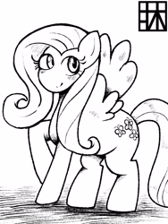 Size: 1200x1600 | Tagged: safe, artist:yuka_mono195, derpibooru import, fluttershy, pegasus, pony, blushing, cute, daaaaaaaaaaaw, female, japanese, mare, monochrome, raised hoof, raised leg, shyabetes, simple background, solo, spread wings, white background, wings