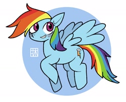 Size: 1413x1152 | Tagged: safe, artist:yuka_mono195, derpibooru import, rainbow dash, pegasus, pony, circle background, female, grin, japanese, mare, raised hoof, raised leg, simple background, smiling, solo, white background, wings