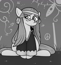 Size: 1200x1290 | Tagged: safe, artist:yuka_mono195, derpibooru import, earth pony, pony, abstract background, clothes, eye clipping through hair, female, glasses, looking at you, mare, monochrome, sitting, solo, wheat grass