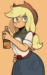 Size: 946x1485 | Tagged: safe, artist:yuka_mono195, derpibooru import, applejack, equestria girls, applejack's hat, applerack, bottle, breasts, cider, clothes, cowboy hat, drink, female, freckles, hand on hip, hat, looking at you, solo