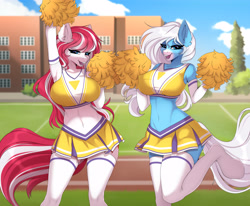 Size: 4000x3300 | Tagged: safe, artist:kuroran, derpibooru import, oc, oc:cherry pop, oc:icy heart, anthro, unguligrade anthro, armpits, big breasts, breasts, cheerleader, clothes, duo, duo female, female, heart, heart eyes, pom pom, stockings, thigh highs, wingding eyes