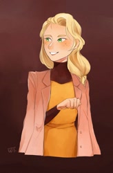 Size: 1085x1652 | Tagged: safe, artist:weiting89100955, derpibooru import, applejack, human, alternate hairstyle, blushing, clothes, coat, female, freckles, grin, humanized, shirt, smiling, solo