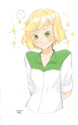 Size: 758x1213 | Tagged: safe, artist:weiting89100955, derpibooru import, applejack, human, alternate hairstyle, clothes, cute, female, humanized, jackabetes, question mark, shirt, short hair, simple background, solo, white background