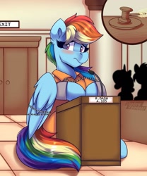 Size: 1023x1228 | Tagged: safe, artist:shadowreindeer, derpibooru import, rainbow dash, pegasus, pony, clothes, commission, courtroom, dashabuse, gavel, op is trying to start shit, prison, prison outfit, prisoner rd, sitting, wings