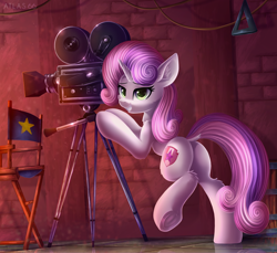 Size: 3782x3470 | Tagged: safe, artist:atlas-66, derpibooru import, sweetie belle, pony, unicorn, growing up is hard to do, butt, camera, chair, director's chair, dock, ear fluff, ears, female, mare, older, older sweetie belle, plot, scene interpretation, smiling, solo, sweetie butt, tail, underhoof