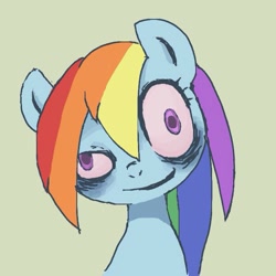 Size: 600x600 | Tagged: safe, artist:um89s, artist:ume89s, derpibooru import, rainbow dash, pony, bloodshot eyes, bust, creepy, female, green background, mare, simple background, solo