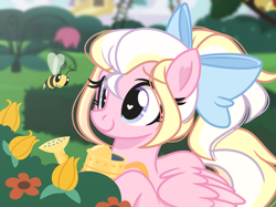 Size: 2227x1668 | Tagged: safe, artist:emberslament, derpibooru import, oc, oc only, oc:bay breeze, bee, insect, pegasus, alternate hairstyle, bow, cute, female, flower, hair bow, heart eyes, looking at something, mare, outdoors, pegasus oc, smiling, solo, watering can, wingding eyes