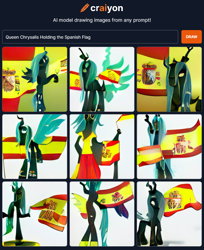 Size: 760x931 | Tagged: safe, ai content, derpibooru import, machine learning generated, queen chrysalis, changeling, changeling queen, artificial intelligence, craiyon, cursed image, english, female, flag, help, holding flag, machine learning abomination, spain, text