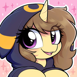 Size: 894x894 | Tagged: safe, artist:moozua, derpibooru import, oc, oc:astral flare, pony, unicorn, clothes, cute, daaaaaaaaaaaw, female, hoodie, icon, looking at you, open mouth, pokémon, smiling, smiling at you, umbreon