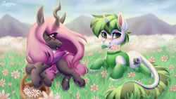 Size: 5760x3240 | Tagged: safe, artist:mishi_ovo, derpibooru import, oc, changeling, hybrid, pony, unicorn, background pony, blushing, commission, couple, cute, daisy (flower), drawing, female, flower, love, male, male to female, rule 63, ship, shipping, support, transformation, transgender transformation, uwu