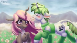 Size: 5760x3240 | Tagged: safe, artist:mishi_ovo, derpibooru import, daisy, flower wishes, oc, oc only, changeling, hybrid, pony, unicorn, background pony, blushing, commission, couple, cute, daisy (flower), draw, drawing, female, flower, love, lovely, male, male to female, oc x oc, owo, rule 63, shipping, support, transformation, transgender transformation