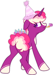 Size: 2071x2904 | Tagged: safe, artist:rickysocks, derpibooru import, oc, oc only, pony, unicorn, base used, cake, female, food, hat, mare, party hat, party horn, simple background, solo, transparent background