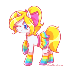 Size: 700x700 | Tagged: safe, artist:churobu, derpibooru import, oc, oc only, pony, unicorn, bow, clothes, female, hair bow, horn, mare, one eye closed, rainbow socks, raised hoof, raised leg, simple background, skirt, smiling, socks, solo, striped socks, transparent background, unicorn oc, wink