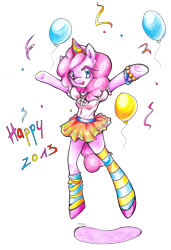 Size: 1339x1957 | Tagged: safe, artist:churobu, derpibooru import, pinkie pie, earth pony, semi-anthro, balloon, clothes, happy new year, happy new year 2013, hat, holiday, party hat, simple background, skirt, socks, striped socks, transparent background, underhoof