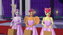 Size: 1920x1080 | Tagged: safe, artist:ponygamer2020, artist:ponygamersfm, derpibooru import, apple bloom, scootaloo, sweetie belle, anthro, earth pony, pegasus, pony, unicorn, a canterlot wedding, season 2, 3d, basket, basket of flowers, canterlot, clothes, cutie mark crusaders, dress, female, flower, flower girl, flower in hair, hair accessory, looking at you, nexgen, scene interpretation, smiling, smiling at you, source filmmaker, stupid sexy apple bloom, stupid sexy scootaloo, stupid sexy sweetie belle, trio, trio female