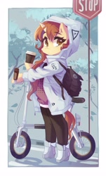 Size: 2478x4096 | Tagged: safe, artist:saxopi, derpibooru import, oc, oc only, semi-anthro, unicorn, bag, bicycle, bipedal, clothes, coffee, drink, female, hoof hold, horn, jacket, looking at you, mare, simple background, solo, stop sign, tree, unicorn oc, white background