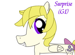Size: 900x660 | Tagged: safe, artist:kiarakovu123, derpibooru import, surprise, pegasus, pony, g1, g4, adoraprise, bow, cute, female, folded wings, g1 to g4, generation leap, grin, mare, purple bow, purple text, simple background, smiling, solo, surprise being surprise, tail, tail bow, text, white background, wings, yellow hair, yellow mane, yellow tail