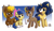 Size: 2952x1684 | Tagged: safe, artist:nyanakaru, oc, oc:acres, oc:flash reboot, earth pony, pony, unicorn, blue background, blue mane, brother and sister, coat markings, colt, cowboy hat, cute, family, family photo, female, filly, foal, gradient background, grin, happy, lying down, male, mare, ocbetes, open mouth, open smile, parent and child, prone, raised hoof, raised leg, siblings, simple background, sitting, smiling, socks (coat marking), stallion, standing, two toned mane, white outline, yellow mane