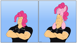 Size: 7798x4395 | Tagged: safe, artist:wapamario63, pinkie pie, earth pony, human, pony, 2 panel comic, brock samson, comic, commission, crossed arms, crossover, cute, female, male, mare, solo, the venture bros.