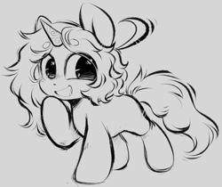 Size: 885x745 | Tagged: safe, artist:frigidmare, artist:torridline, derpibooru import, oc, oc:shyflame, pony, unicorn, chibi, curly hair, doodle, ears up, fluffy, fluffy mane, fluffy tail, grin, happy, horn, long hair, male, monochrome, sketch, smiling, solo, stallion, tail, unicorn oc