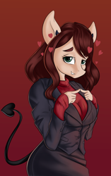 Size: 1884x2994 | Tagged: safe, artist:qbellas, derpibooru import, oc, oc only, anthro, anthro oc, clothes, crossover, devil tail, female, floating heart, gradient background, heart, helltaker, horns, jacket, looking at you, mare, red background, simple background, skirt, smiling, smiling at you, smirk, solo, tail