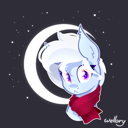 Size: 1000x1000 | Tagged: safe, artist:wellory, derpibooru import, oc, oc only, bat pony, black background, bust, clothes, commission, cute, female, scarf, signature, simple background, solo