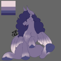 Size: 1000x1000 | Tagged: safe, artist:voxtra, derpibooru import, oc, oc only, pegasus, pony, female, gray background, mare, missing cutie mark, no eyes, partially open wings, pegasus oc, purple hair, random pony, signature, simple background, sitting, solo, unnamed oc, wings