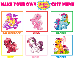 Size: 1013x789 | Tagged: safe, artist:mlprainburstpony64, derpibooru import, edit, cheerilee (g3), mayor flitter flutter, pinkie pie (g3), rainbow dash (g3), scootaloo (g3), sweetie belle (g3), earth pony, pony, unicorn, g3, brobee, cast meme, core five, crossover, cute, dj lance rock, female, flutterdorable, foofa, g3 cheeribetes, g3 cutealoo, g3 dashabetes, g3 diapinkes, g3 diasweetes, hoof heart, mare, meme, muno, plex, toodee, yo gabba gabba